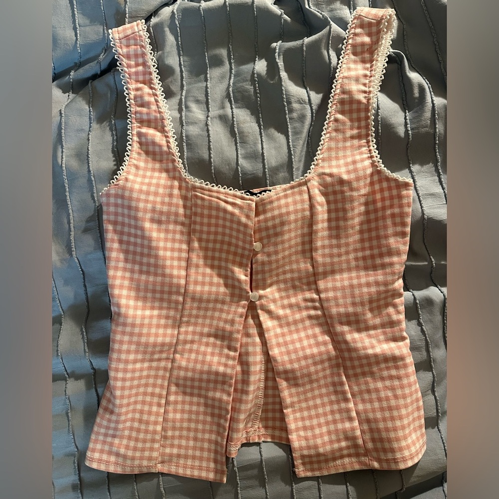Blue Blush Pink Gingham Button Front Tank Top